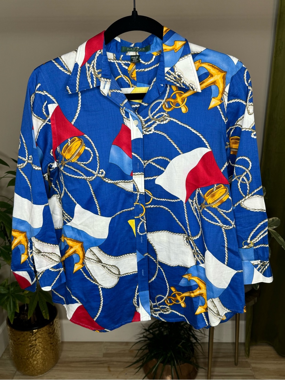 Lauren Ralph Lauren Petite Nautical Rope Anchor Flag Cotton Shirt PM